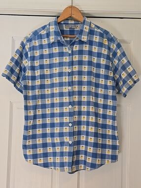 Jane Ashley Vintage Blue and White Check Short-Sleeve Shirt with Pineapple Print